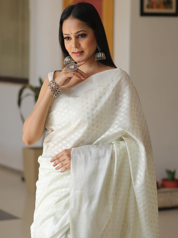 Banarasee Cotton Silk Floral Silver Zari Work Saree-White