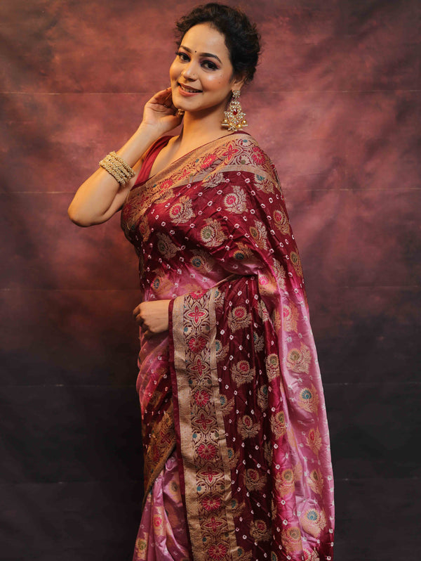 Banarasee Handwoven Semi Silk Bandhej Saree With Broad Zari Floral Border-Maroon & Pink