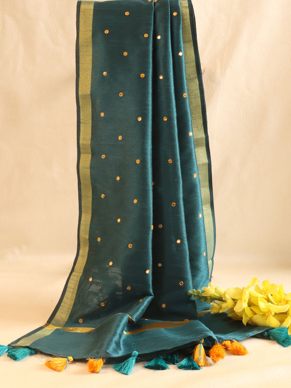 Banarasee Art Silk Dupatta With Hand-Embroidered Motifs-Green