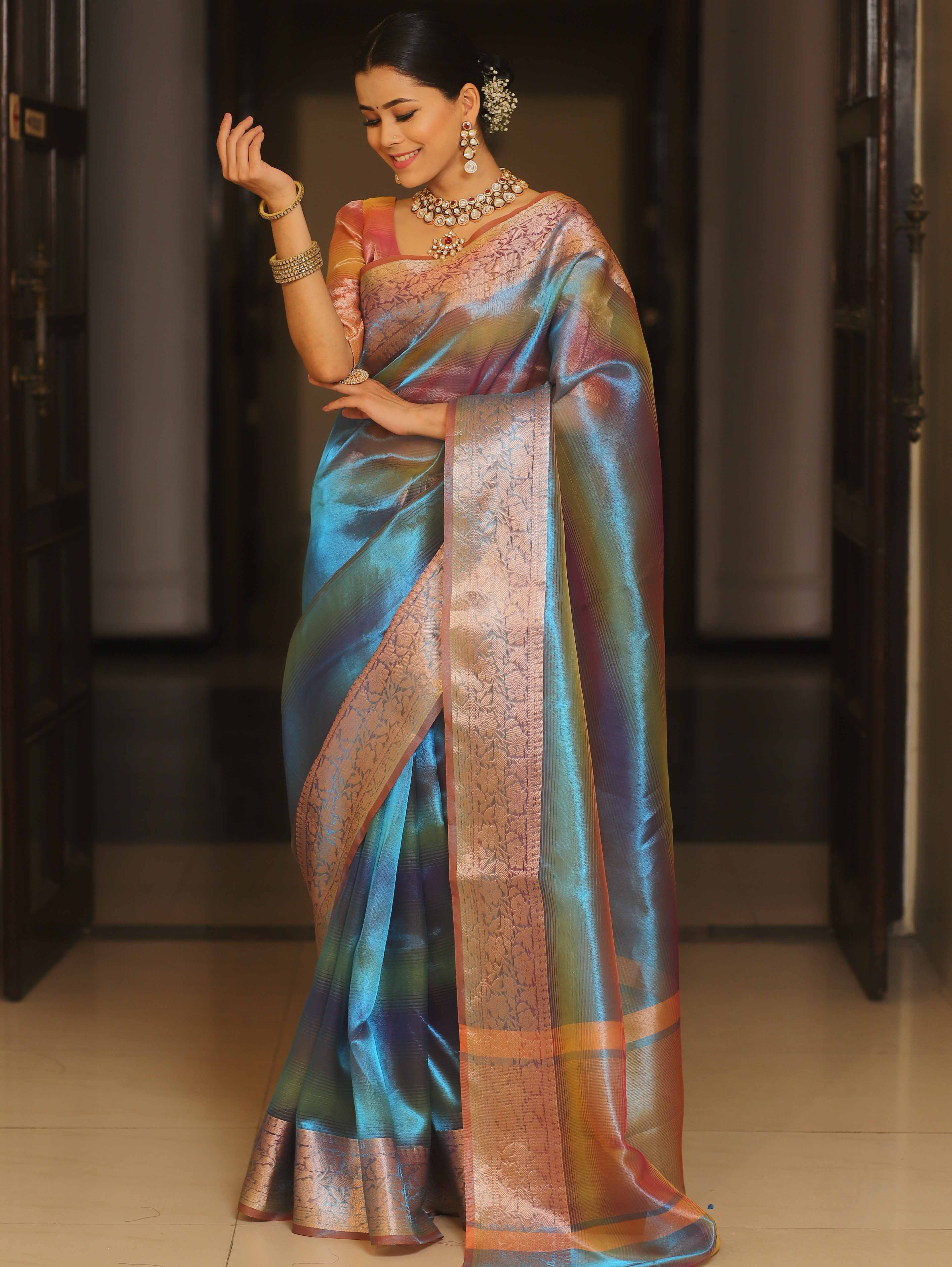 Banarasee Handwoven Shaded Tissue Saree-Blue
