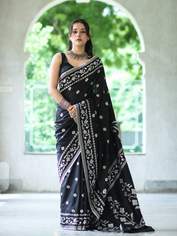 Banarasee Handloom Semi Silk Saree With Resham Geometric Design & Border-Black