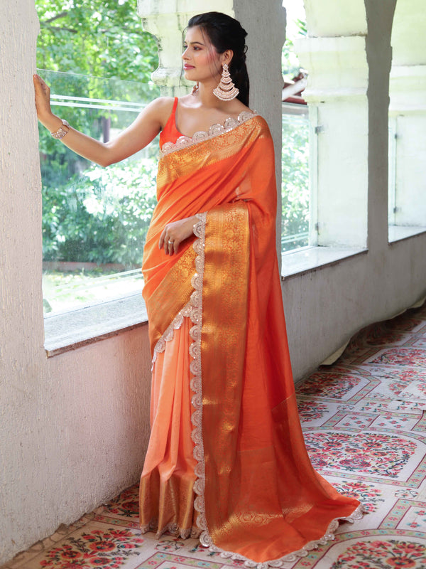 Banarasee Dual Color Pure Linen Saree With Zari Border & Lace-Orange(Dual Tone)