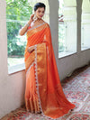 Banarasee Dual Color Pure Linen Saree With Zari Border & Lace-Orange(Dual Tone)