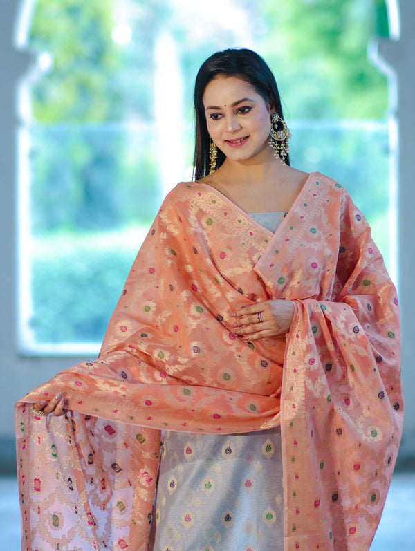 Banarasee Cotton Silk Zari Work Salwar Kameez Fabric With Jaal Design Dupatta Set-Pastel Blue & Dark Peach