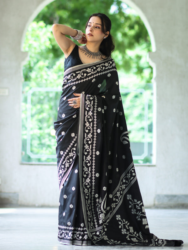 Banarasee Handloom Semi Silk Saree With Resham Geometric Design & Border-Black