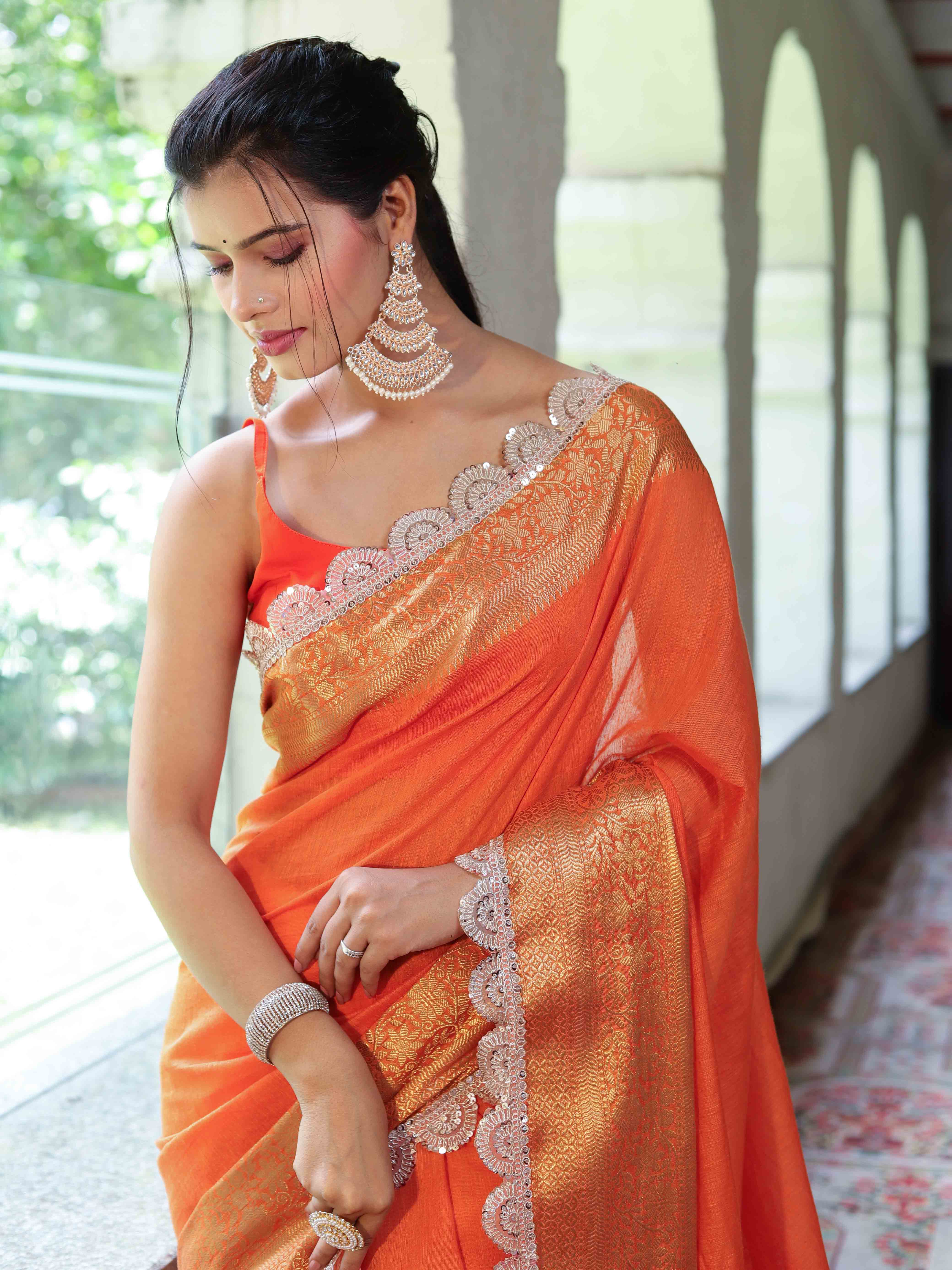 Banarasee Dual Color Pure Linen Saree With Zari Border & Lace-Orange(Dual Tone)