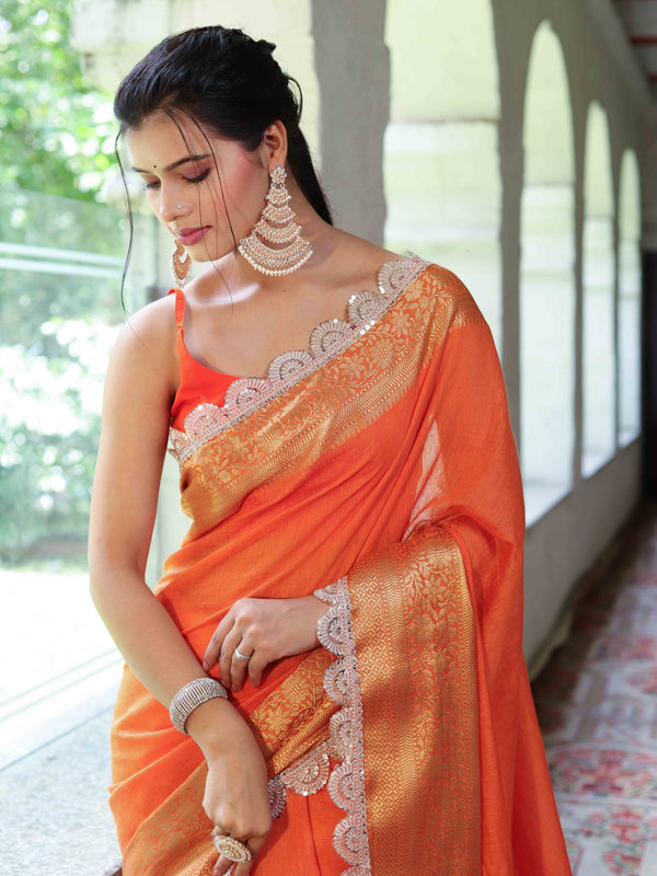 Banarasee Dual Color Pure Linen Saree With Zari Border & Lace-Orange(Dual Tone)