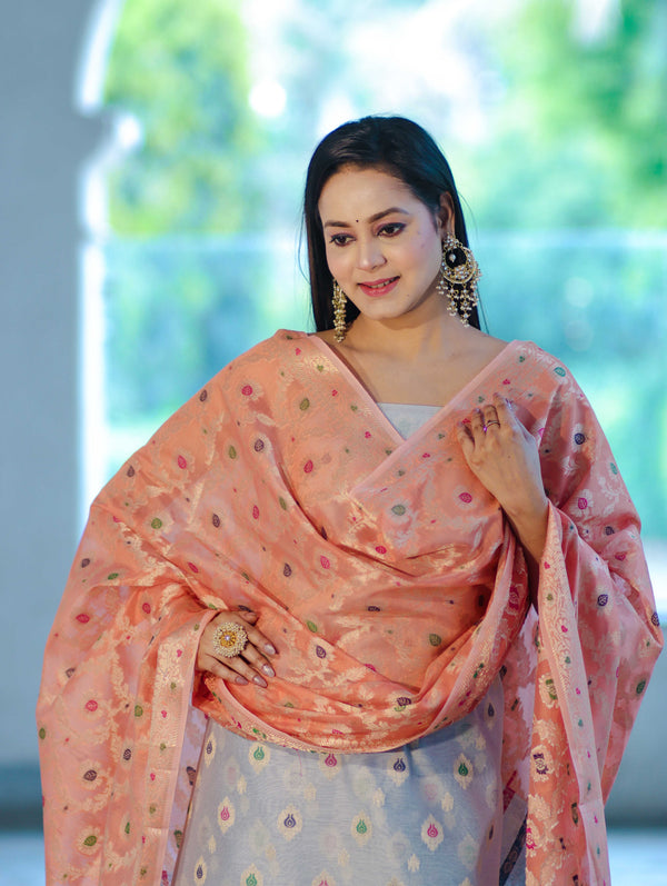 Banarasee Cotton Silk Zari Work Salwar Kameez Fabric With Jaal Design Dupatta Set-Pastel Blue & Dark Peach