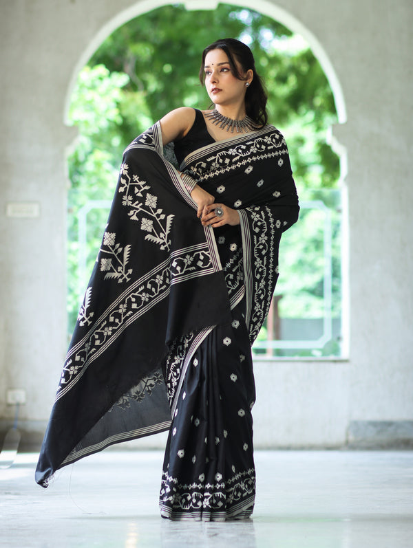 Banarasee Handloom Semi Silk Saree With Resham Geometric Design & Border-Black