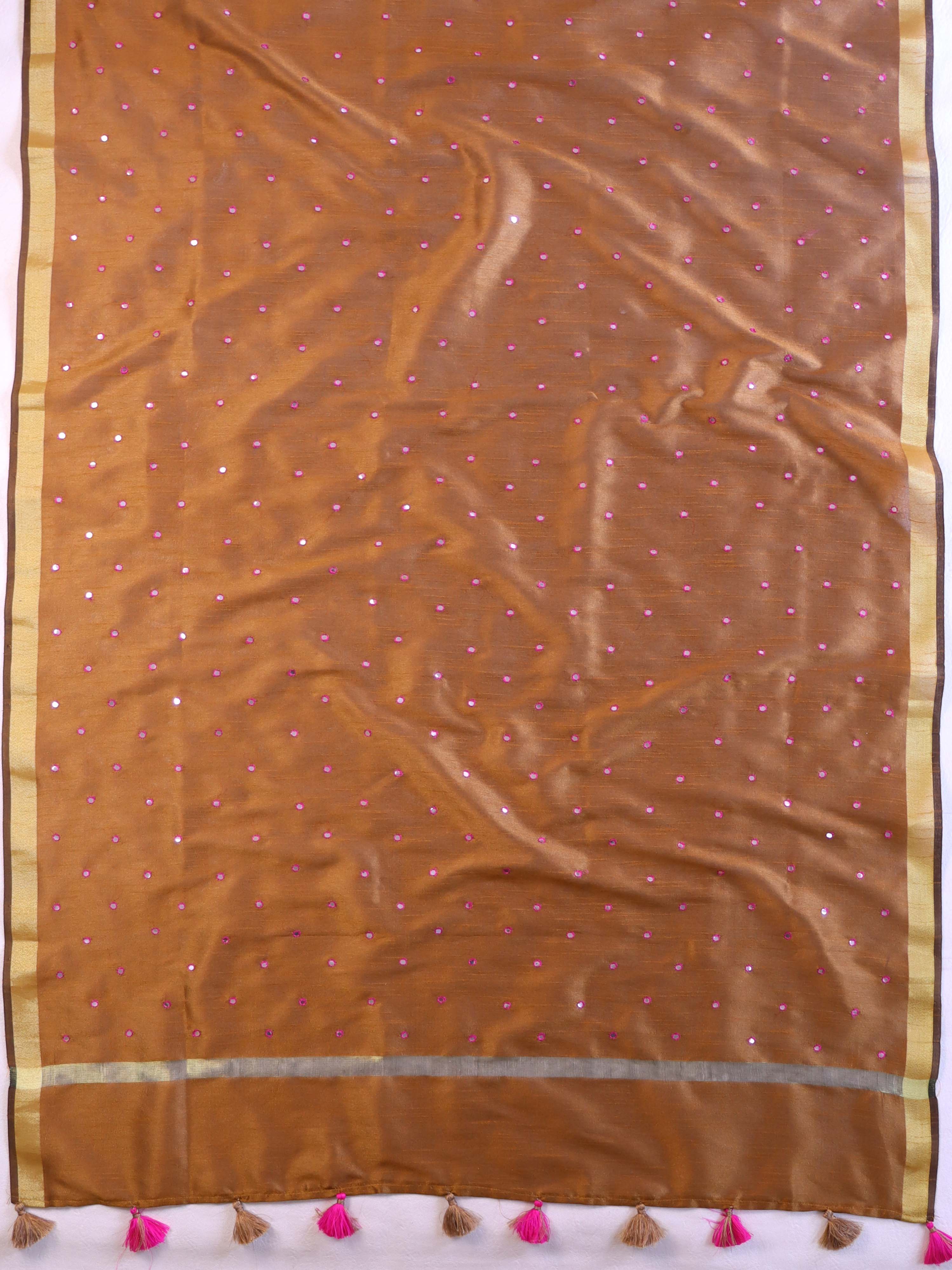 Banarasee Art Silk Dupatta With Hand-Embroidered Motifs-Brown