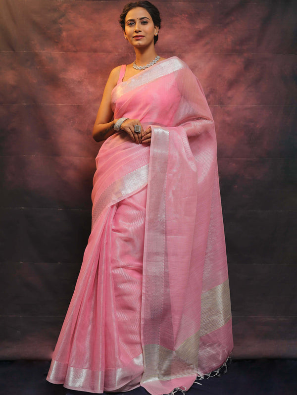 Banarasee Linen Tissue Silver Zari Work Saree-Pink