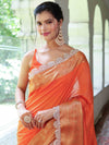 Banarasee Dual Color Pure Linen Saree With Zari Border & Lace-Orange(Dual Tone)