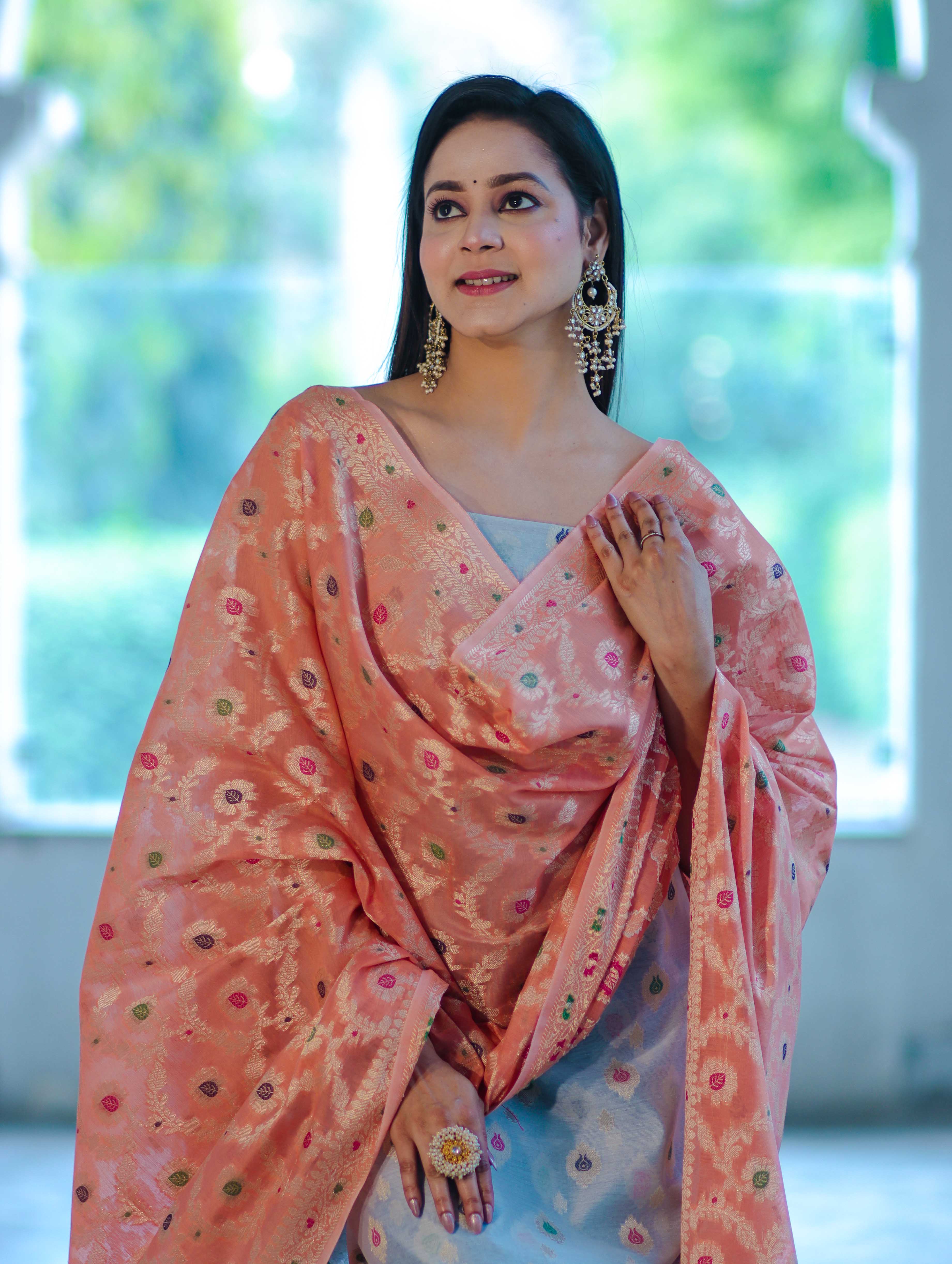 Banarasee Cotton Silk Zari Work Salwar Kameez Fabric With Jaal Design Dupatta Set-Pastel Blue & Dark Peach