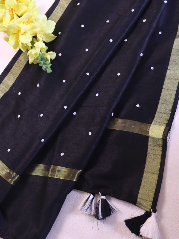 Banarasee Art Silk Dupatta With Hand-Embroidered Motifs-Black