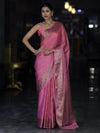 Banarasee Handloom Semi Silk Saree With Antique Zari Buti Design & Floral Border-Light Pink