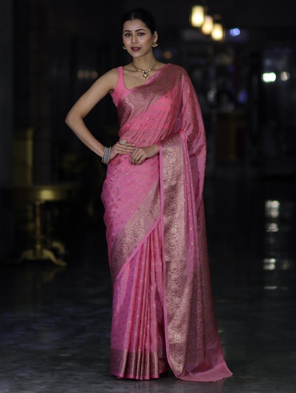 Banarasee Handloom Semi Silk Saree With Antique Zari Buti Design & Floral Border-Light Pink