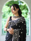 Banarasee Handloom Semi Silk Saree With Resham Geometric Design & Border-Black