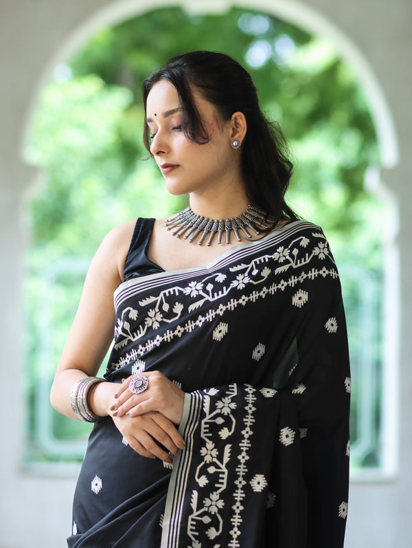 Banarasee Handloom Semi Silk Saree With Resham Geometric Design & Border-Black