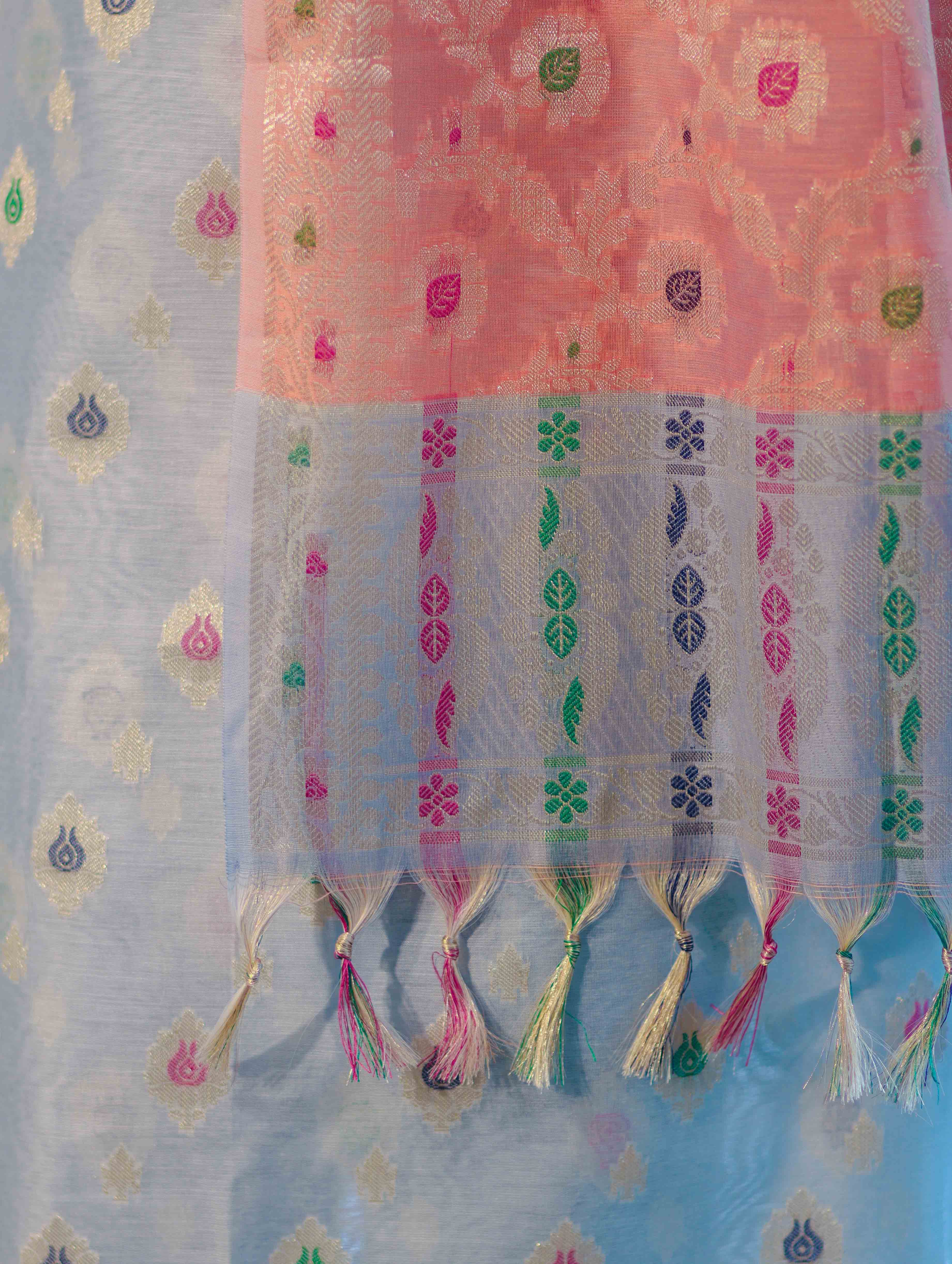 Banarasee Cotton Silk Zari Work Salwar Kameez Fabric With Jaal Design Dupatta Set-Pastel Blue & Dark Peach
