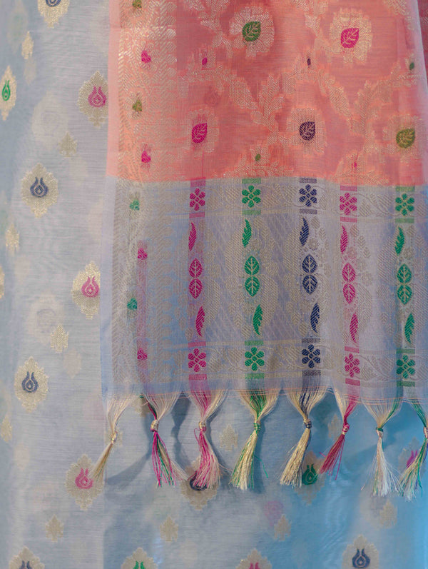 Banarasee Cotton Silk Zari Work Salwar Kameez Fabric With Jaal Design Dupatta Set-Pastel Blue & Dark Peach