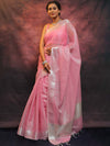 Banarasee Linen Tissue Silver Zari Work Saree-Pink