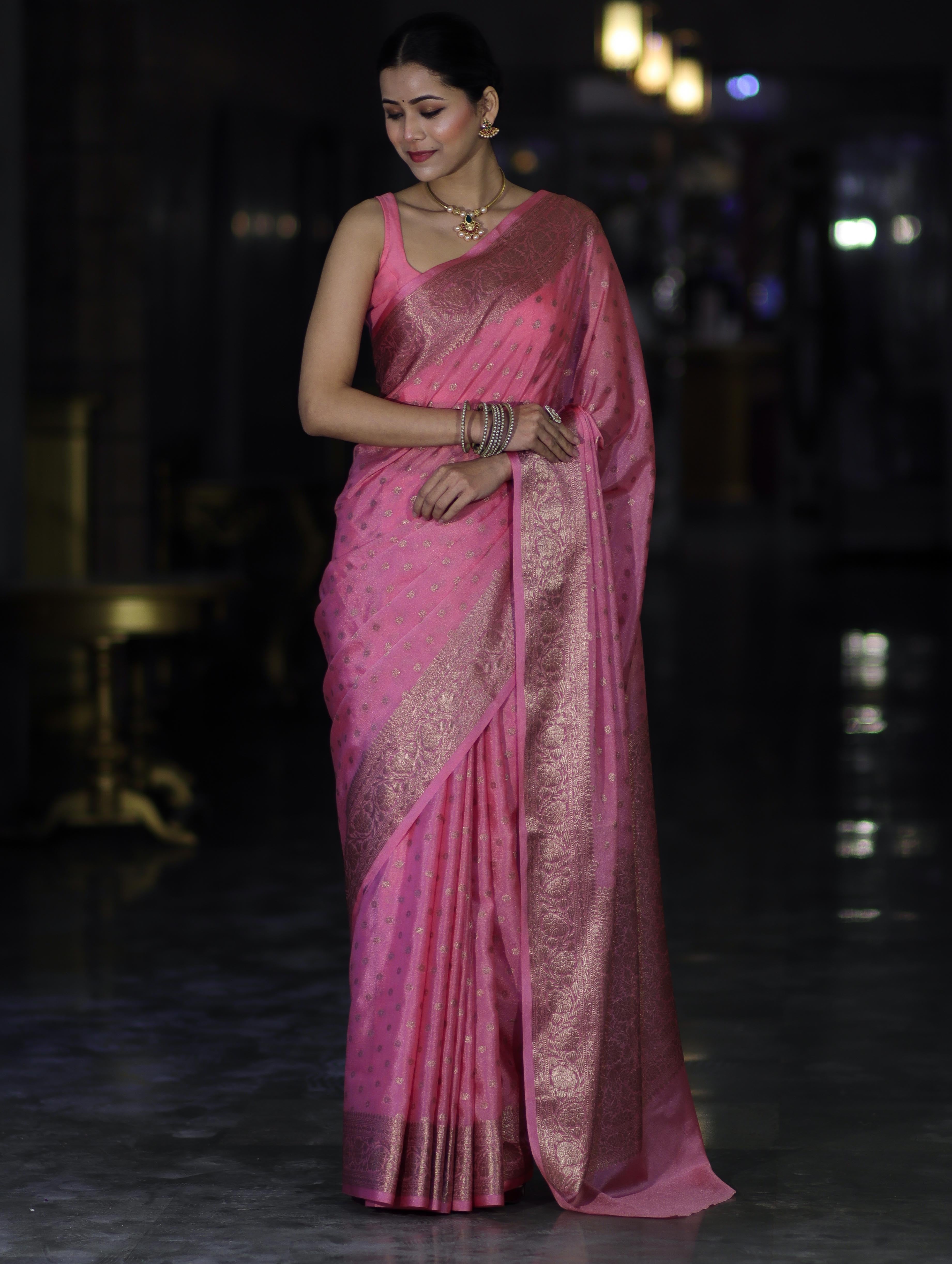 Banarasee Handloom Semi Silk Saree With Antique Zari Buti Design & Floral Border-Light Pink