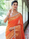 Banarasee Dual Color Pure Linen Saree With Zari Border & Lace-Orange(Dual Tone)