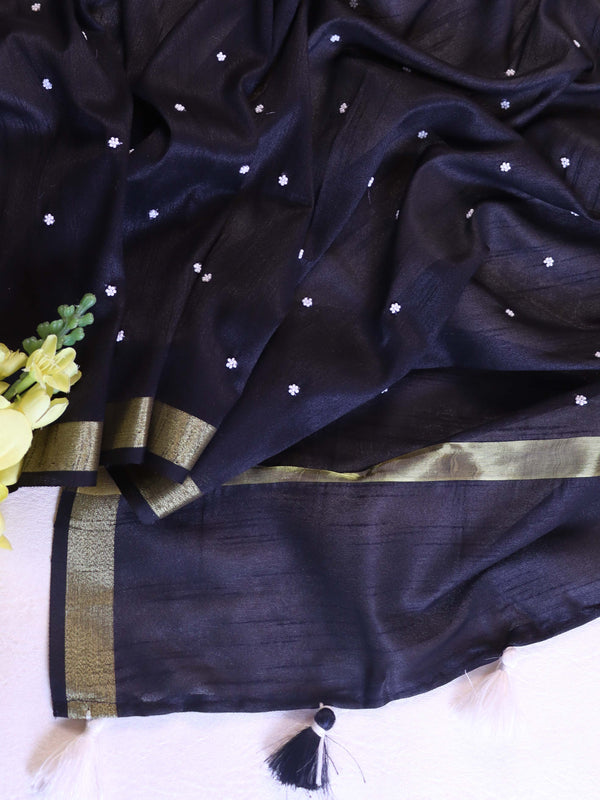 Banarasee Art Silk Dupatta With Hand-Embroidered Motifs-Black