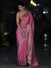 Banarasee Handloom Semi Silk Saree With Antique Zari Buti Design & Floral Border-Light Pink