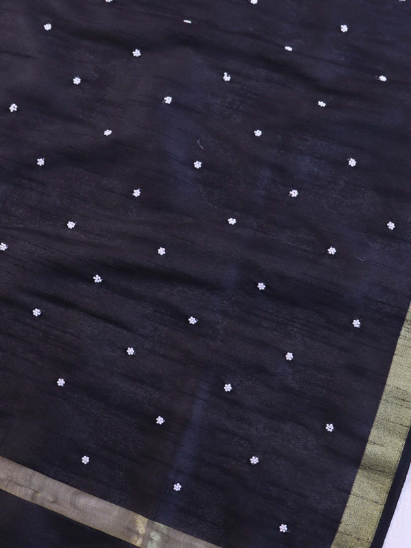 Banarasee Art Silk Dupatta With Hand-Embroidered Motifs-Black
