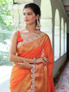 Banarasee Dual Color Pure Linen Saree With Zari Border & Lace-Orange(Dual Tone)
