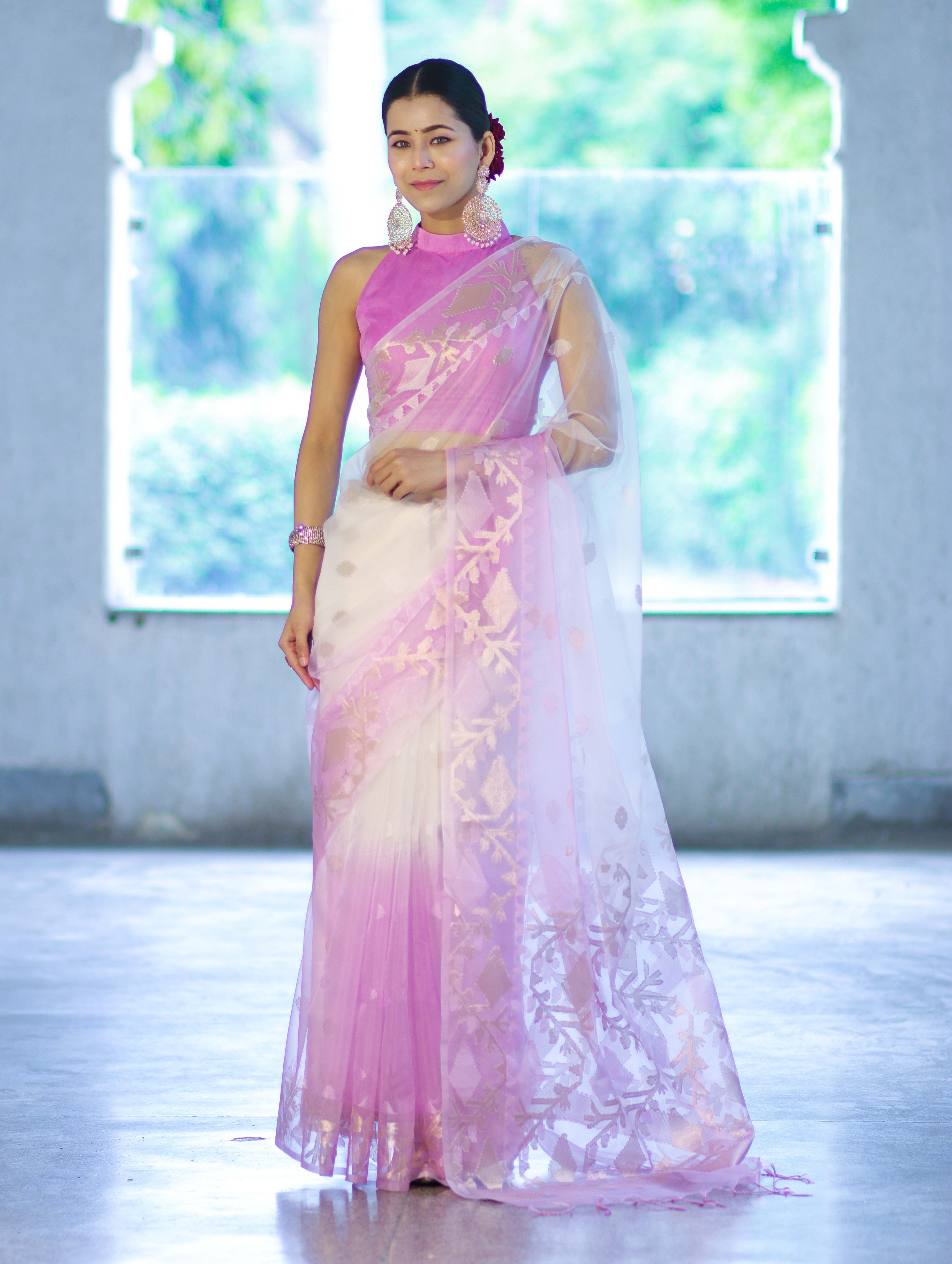 Banarasee Dual Color Organza Mix Saree With Resham & Zari Work-Pink & Off White