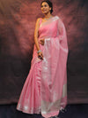 Banarasee Linen Tissue Silver Zari Work Saree-Pink