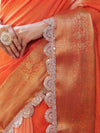 Banarasee Dual Color Pure Linen Saree With Zari Border & Lace-Orange(Dual Tone)