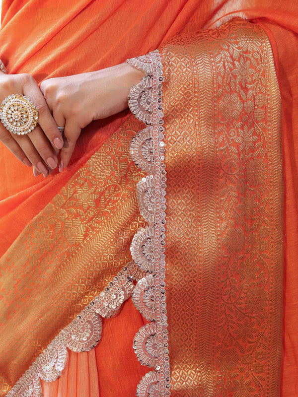Banarasee Dual Color Pure Linen Saree With Zari Border & Lace-Orange(Dual Tone)