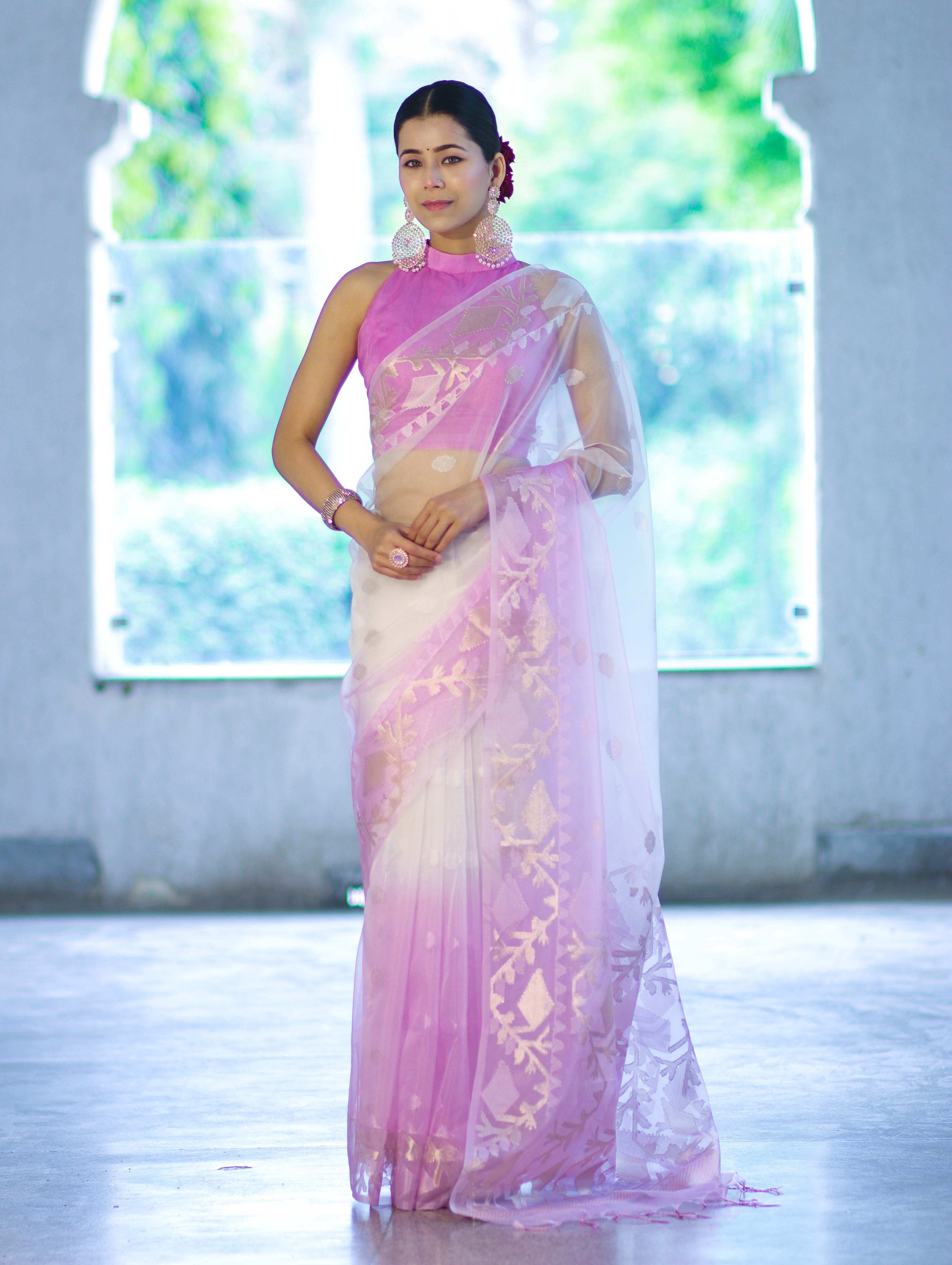 Banarasee Dual Color Organza Mix Saree With Resham & Zari Work-Pink & Off White