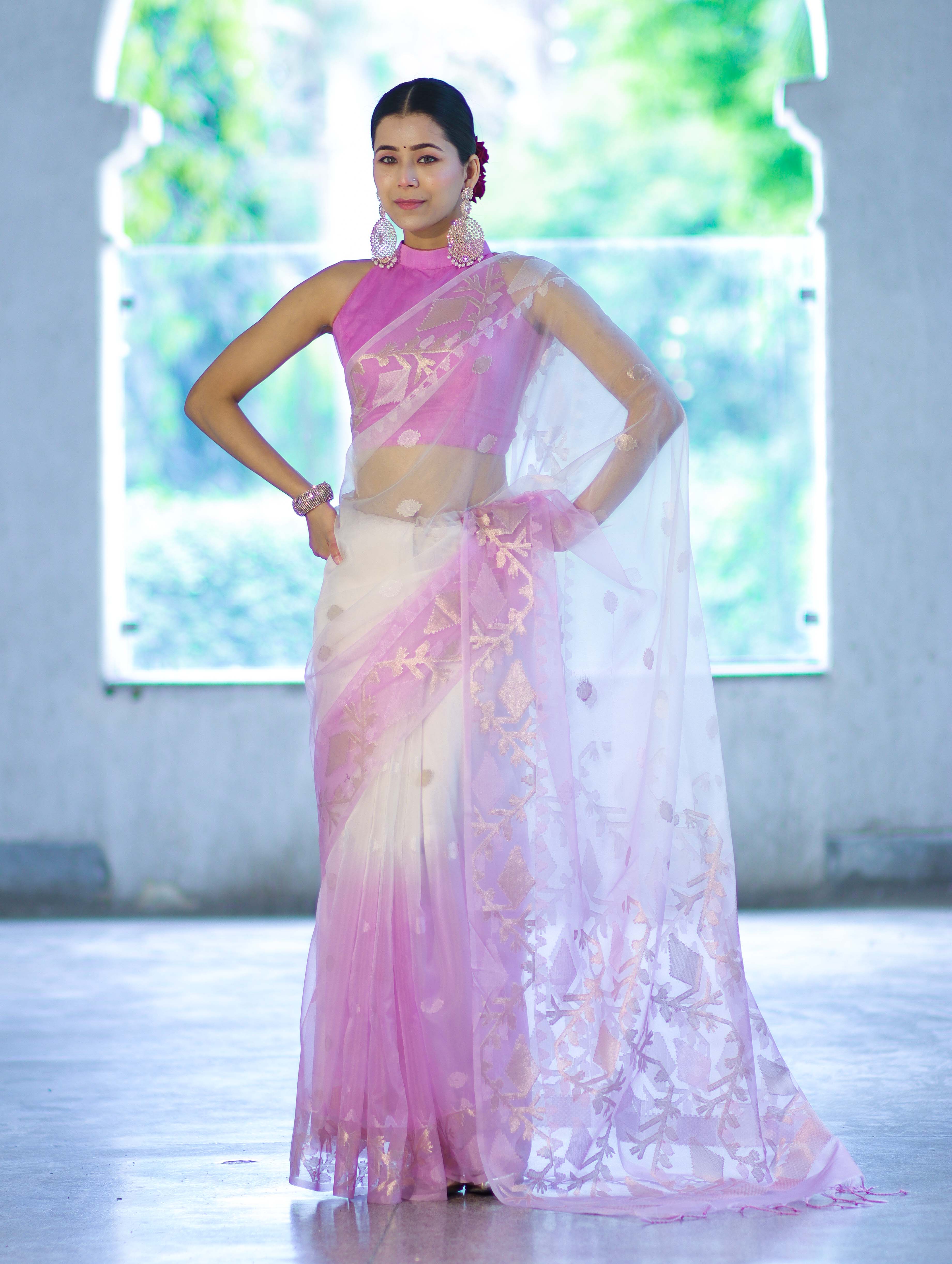 Banarasee Dual Color Organza Mix Saree With Resham & Zari Work-Pink & Off White