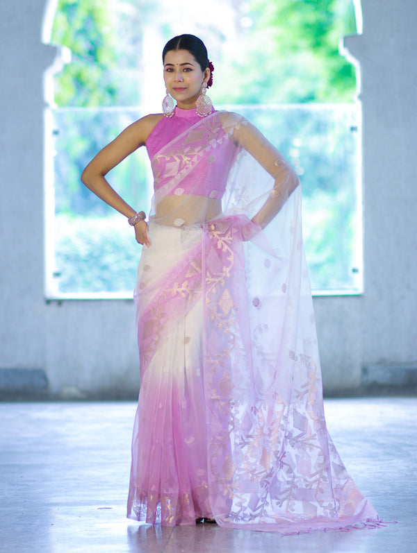 Banarasee Dual Color Organza Mix Saree With Resham & Zari Work-Pink & Off White