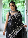 Banarasee Handloom Semi Silk Saree With Resham Geometric Design & Border-Black