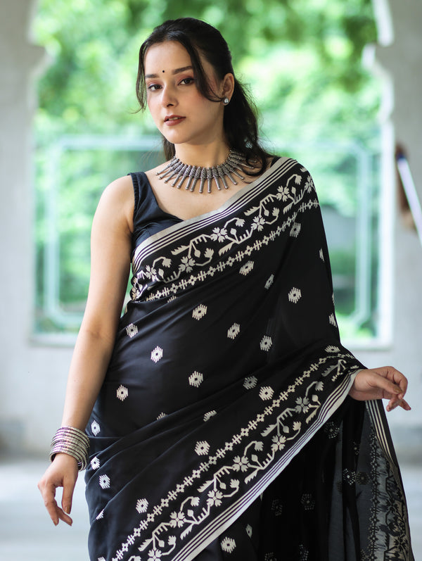 Banarasee Handloom Semi Silk Saree With Resham Geometric Design & Border-Black