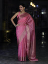 Banarasee Handloom Semi Silk Saree With Antique Zari Buti Design & Floral Border-Light Pink