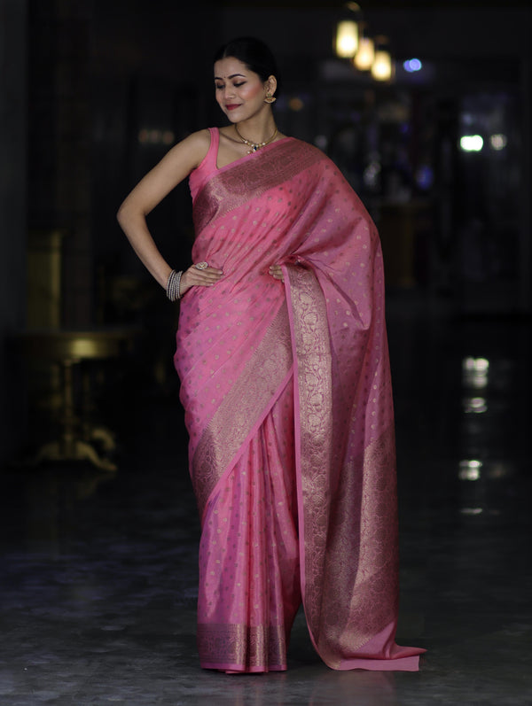 Banarasee Handloom Semi Silk Saree With Antique Zari Buti Design & Floral Border-Light Pink