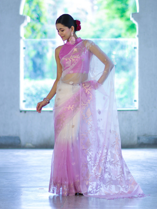 Banarasee Dual Color Organza Mix Saree With Resham & Zari Work-Pink & Off White