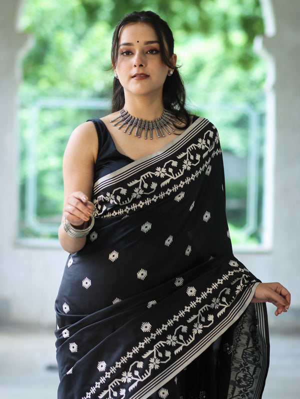 Banarasee Handloom Semi Silk Saree With Resham Geometric Design & Border-Black
