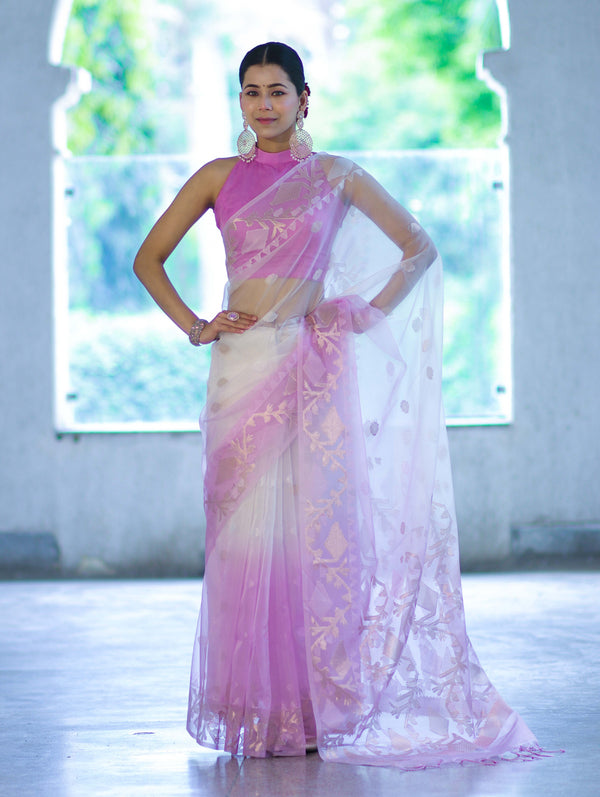 Banarasee Dual Color Organza Mix Saree With Resham & Zari Work-Pink & Off White