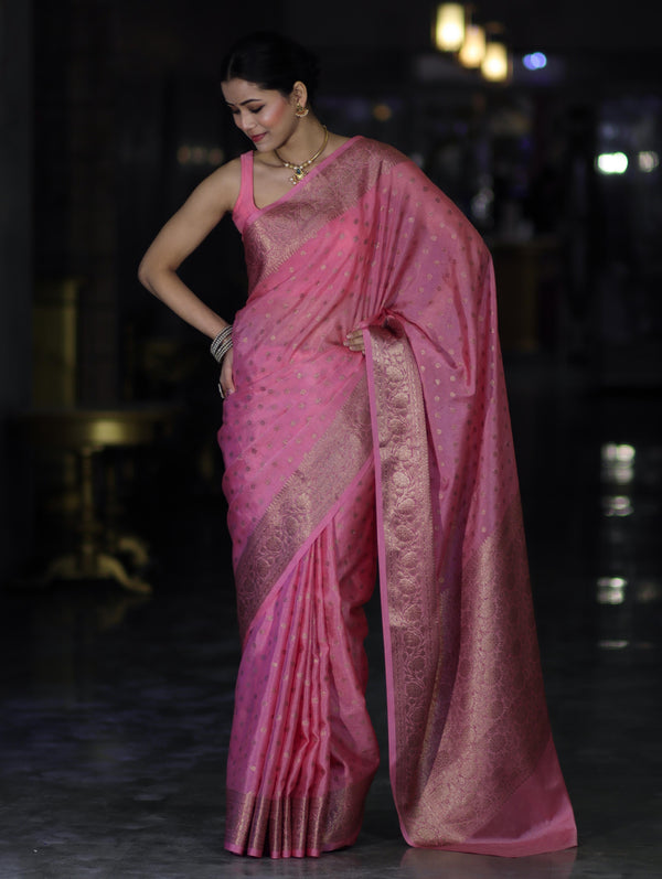 Banarasee Handloom Semi Silk Saree With Antique Zari Buti Design & Floral Border-Light Pink