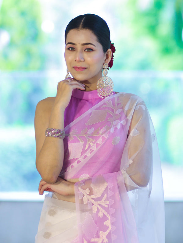 Banarasee Dual Color Organza Mix Saree With Resham & Zari Work-Pink & Off White