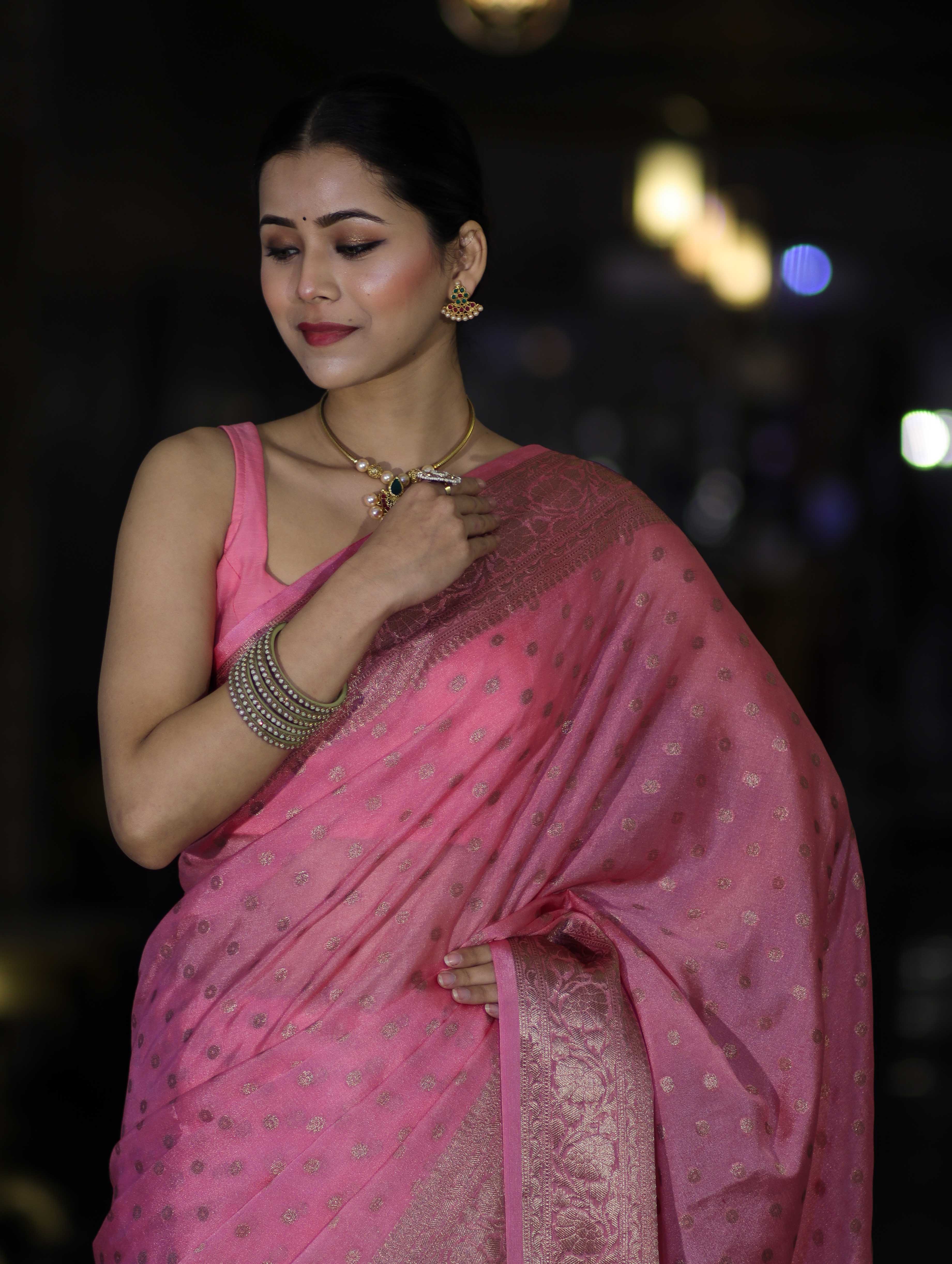 Banarasee Handloom Semi Silk Saree With Antique Zari Buti Design & Floral Border-Light Pink