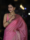 Banarasee Handloom Semi Silk Saree With Antique Zari Buti Design & Floral Border-Light Pink