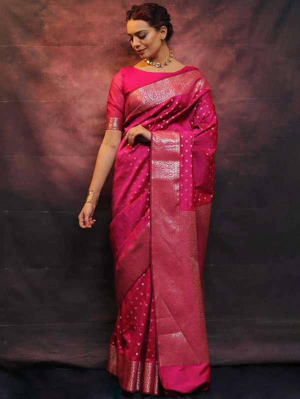 Banarasee Handwoven Semi Silk Saree With Zari Work-Pink